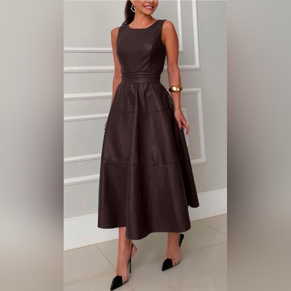 Nwt Chartou Faux Leather Sleeveless Elegant Flowy Long Dress